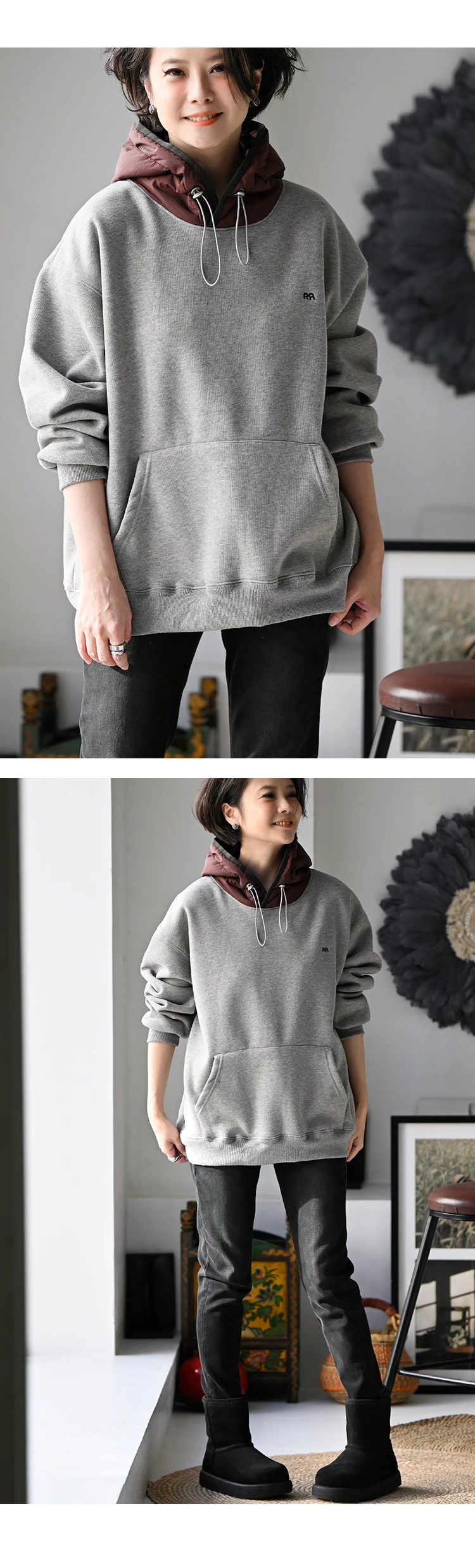 R71010 Korean Style Fashionable Versatile Fleece-Lined Loose Color-Block Drawstring Hooded Sweatshirt for Women 2026 Winter