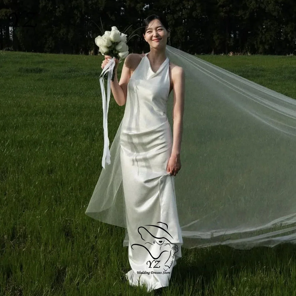YZ Customized Elegant Halter Korean Wedding Dresses Photo Shoot Satin Long Simple Sleeveless Bridal Party Dress 웨딩드레스 
