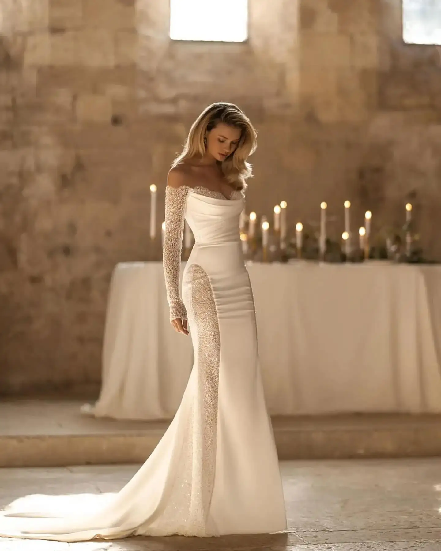 Sexy Long Sleeves Beaded Sweetheart Mermaid Wedding Dresses Sweep Train Custom Made Rode De Morrie