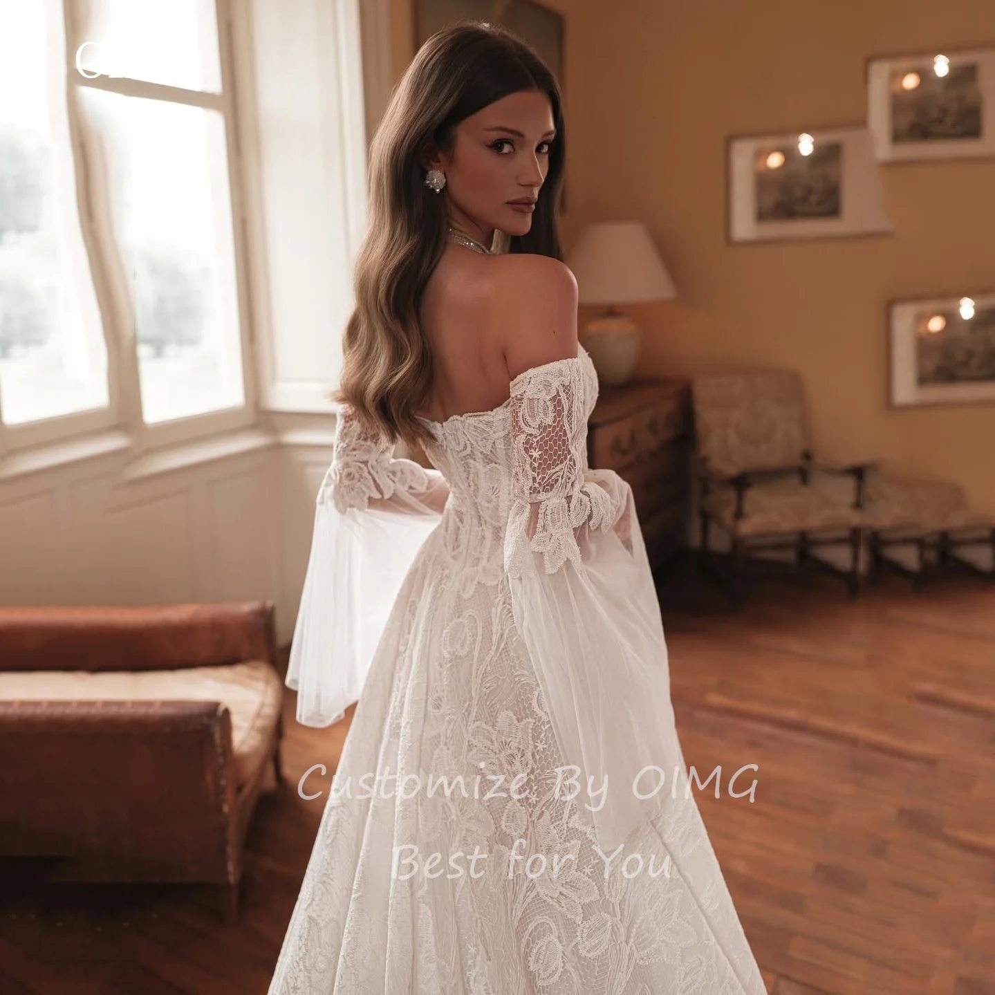 OIMG Lace Flare Sleeves A Line Wedding Dress Strapless Bride Dresses Floor Length With Tail Wedding Gowns Customized