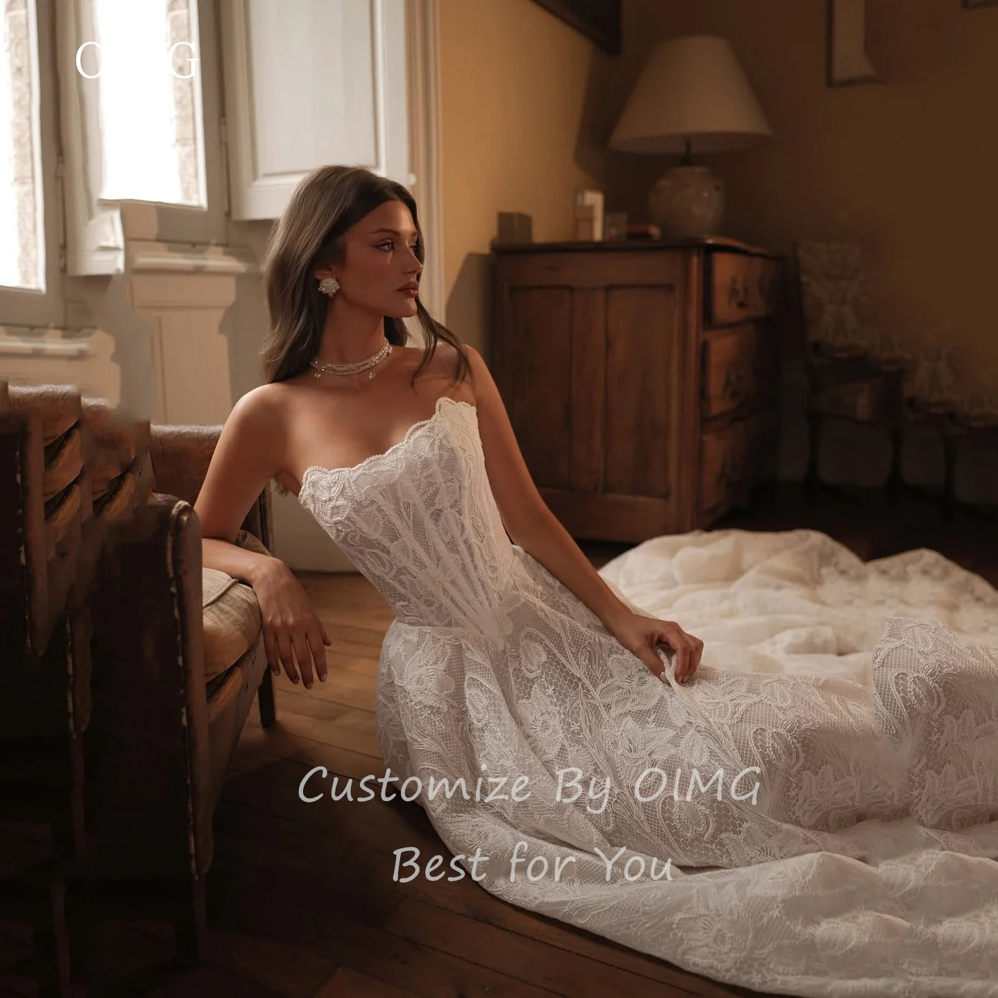 OIMG Lace Flare Sleeves A Line Wedding Dress Strapless Bride Dresses Floor Length With Tail Wedding Gowns Customized