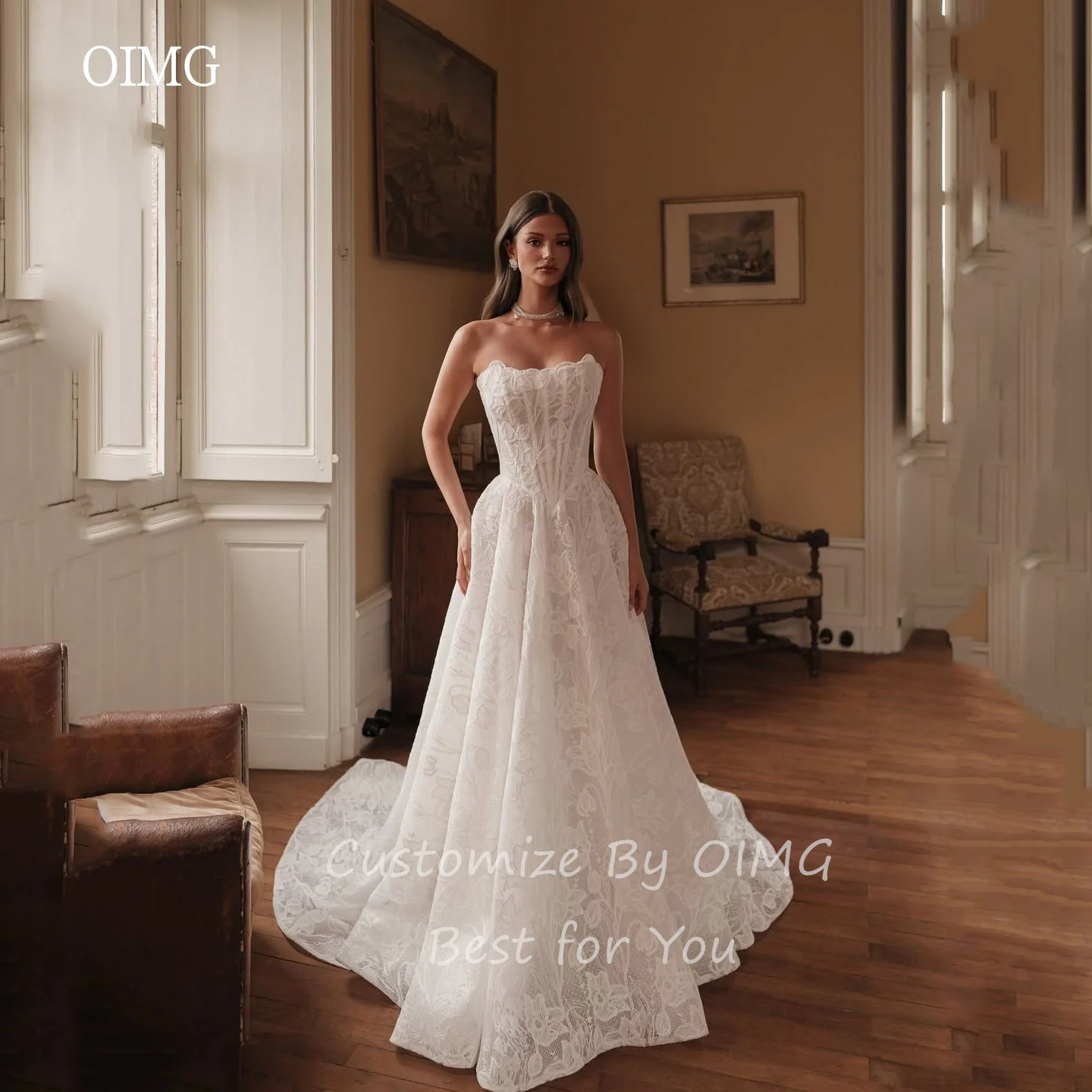OIMG Lace Flare Sleeves A Line Wedding Dress Strapless Bride Dresses Floor Length With Tail Wedding Gowns Customized