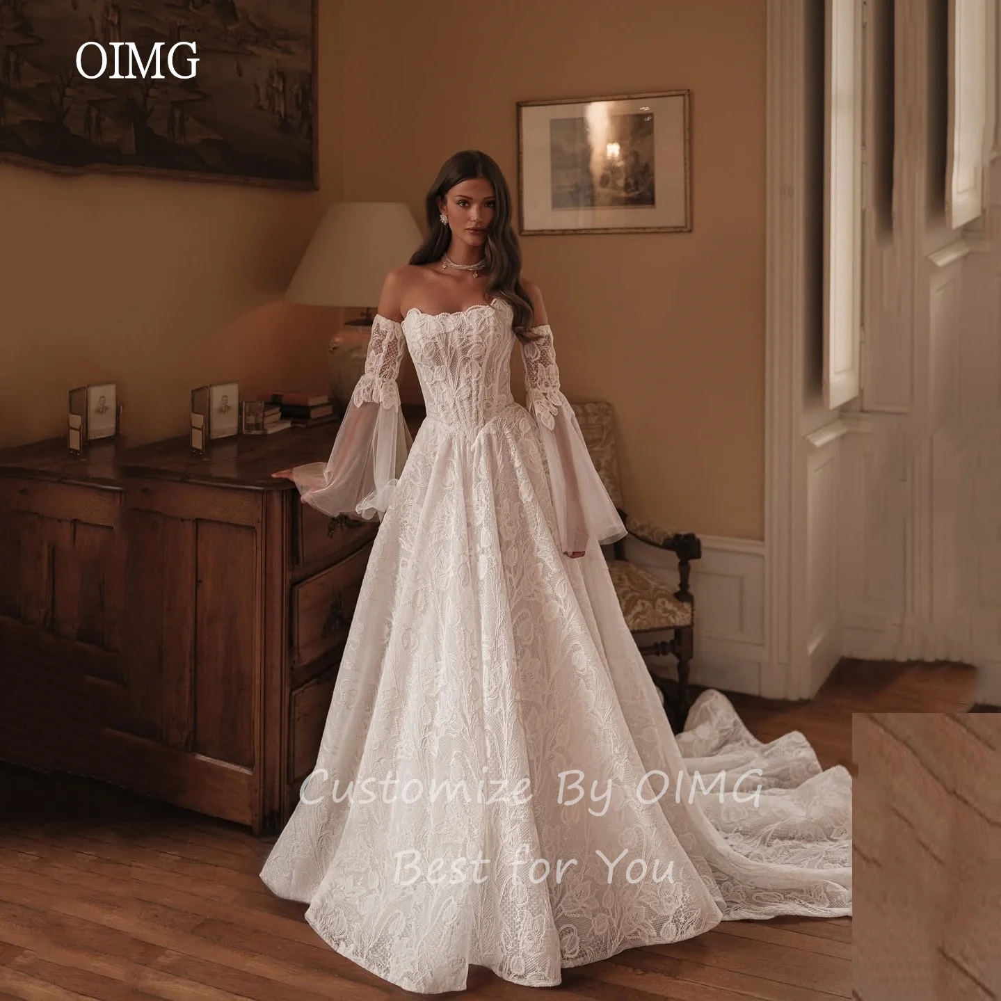 OIMG Lace Flare Sleeves A Line Wedding Dress Strapless Bride Dresses Floor Length With Tail Wedding Gowns Customized