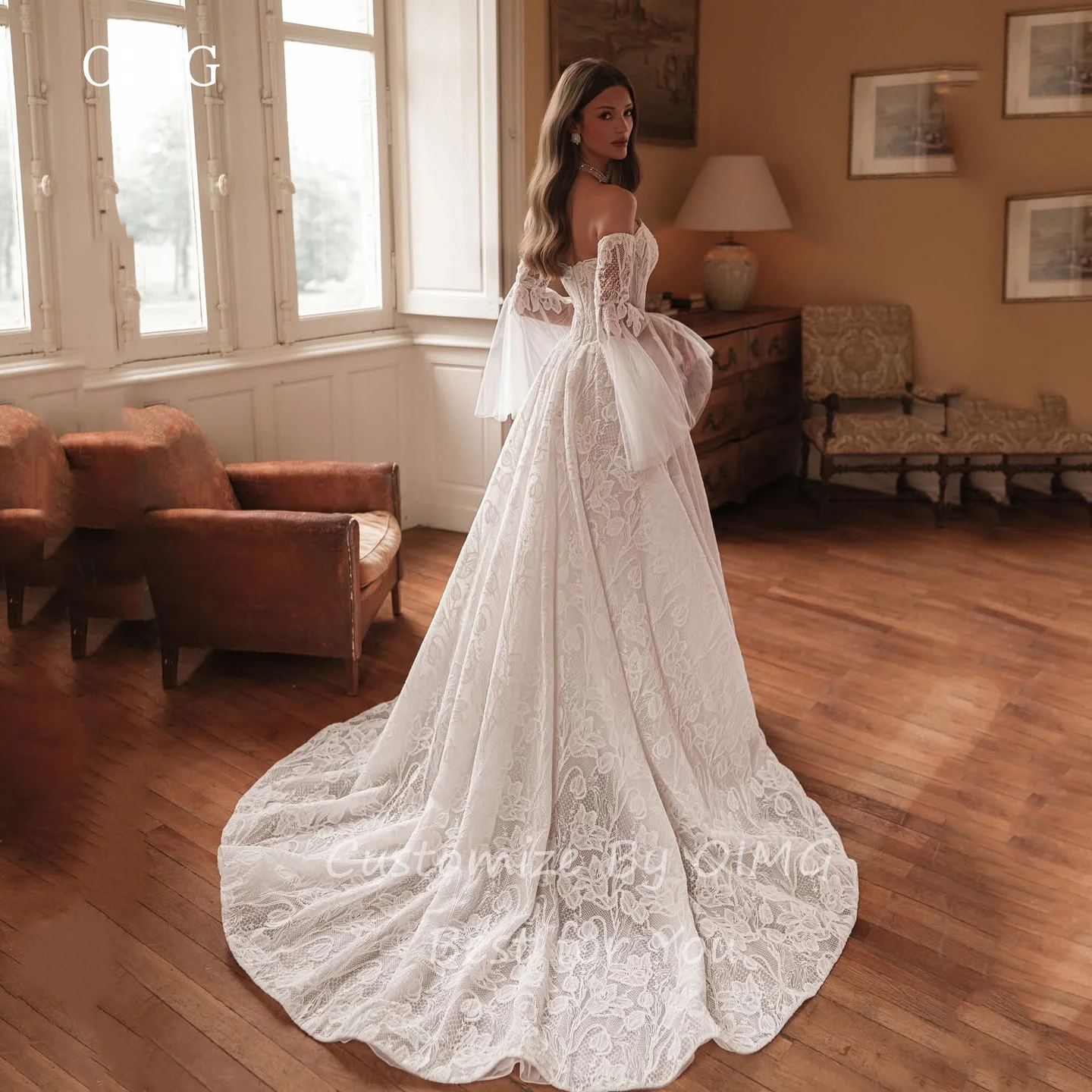 OIMG Lace Flare Sleeves A Line Wedding Dress Strapless Bride Dresses Floor Length With Tail Wedding Gowns Customized