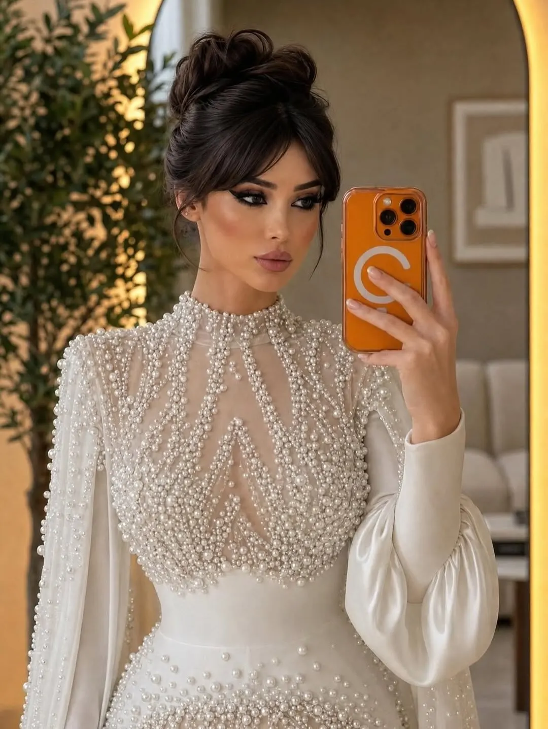 Exquisite Pearls Mermaid Weddinmg Dress With Cape Long Sleeve High Neck Bridal Gown Beaded Customized Formal Party