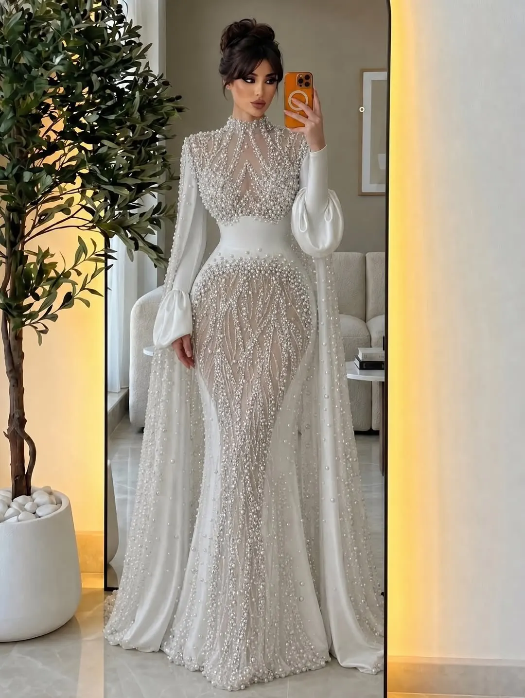 Exquisite Pearls Mermaid Weddinmg Dress With Cape Long Sleeve High Neck Bridal Gown Beaded Customized Formal Party