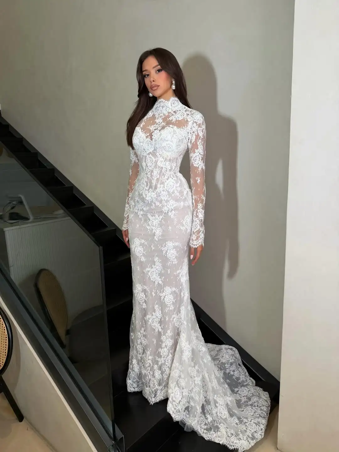 High Neck Long Sleeve Mermaid Wedding Dress Full Floral Lace Illusion Sweetheart Bridal Gown Court Train Custom Vestido De Novia
