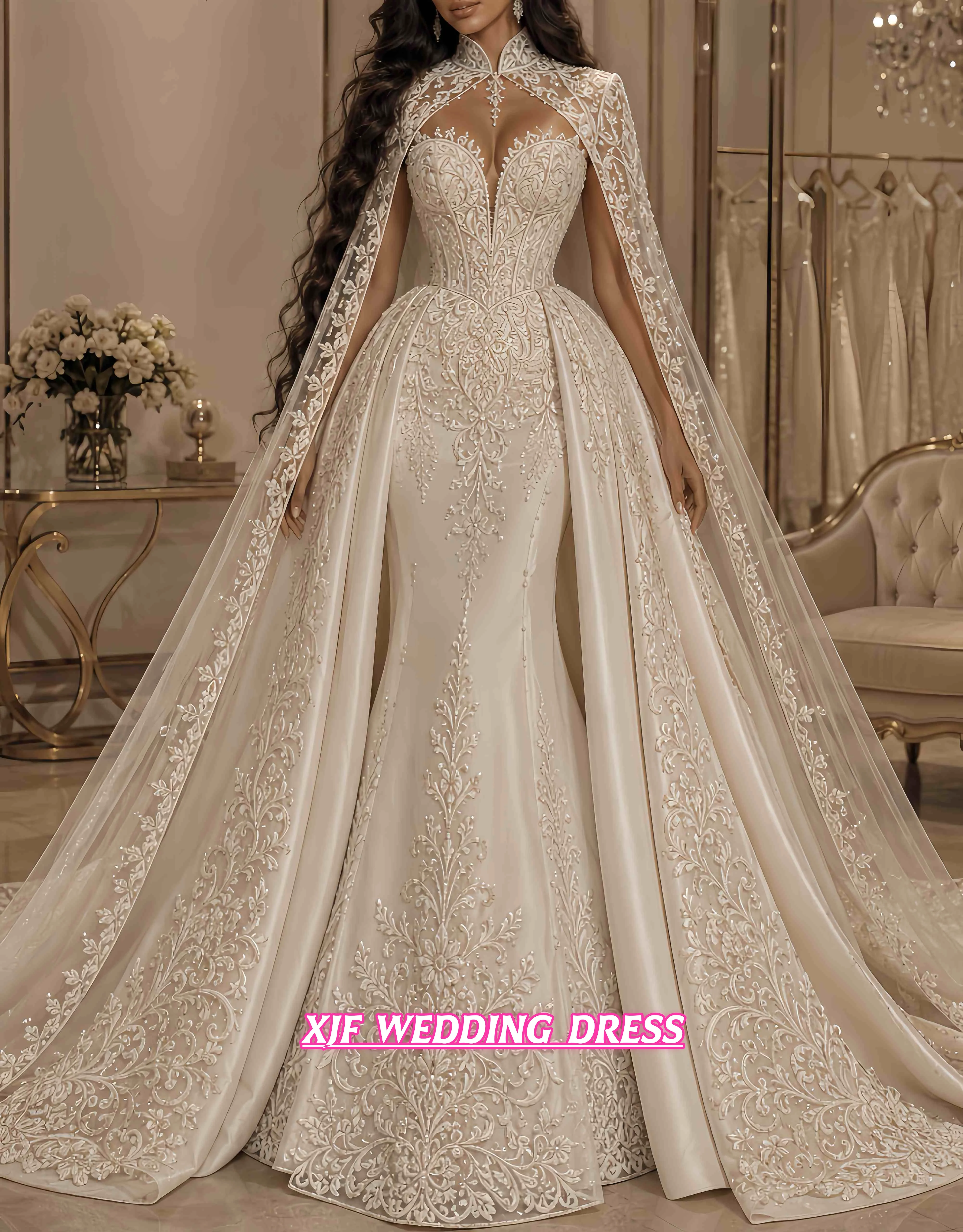 Customized Mermaid Wedding Dress V-Neck Shawl Sleeveless Detachable Train Two-In-One Vestidos De Novia