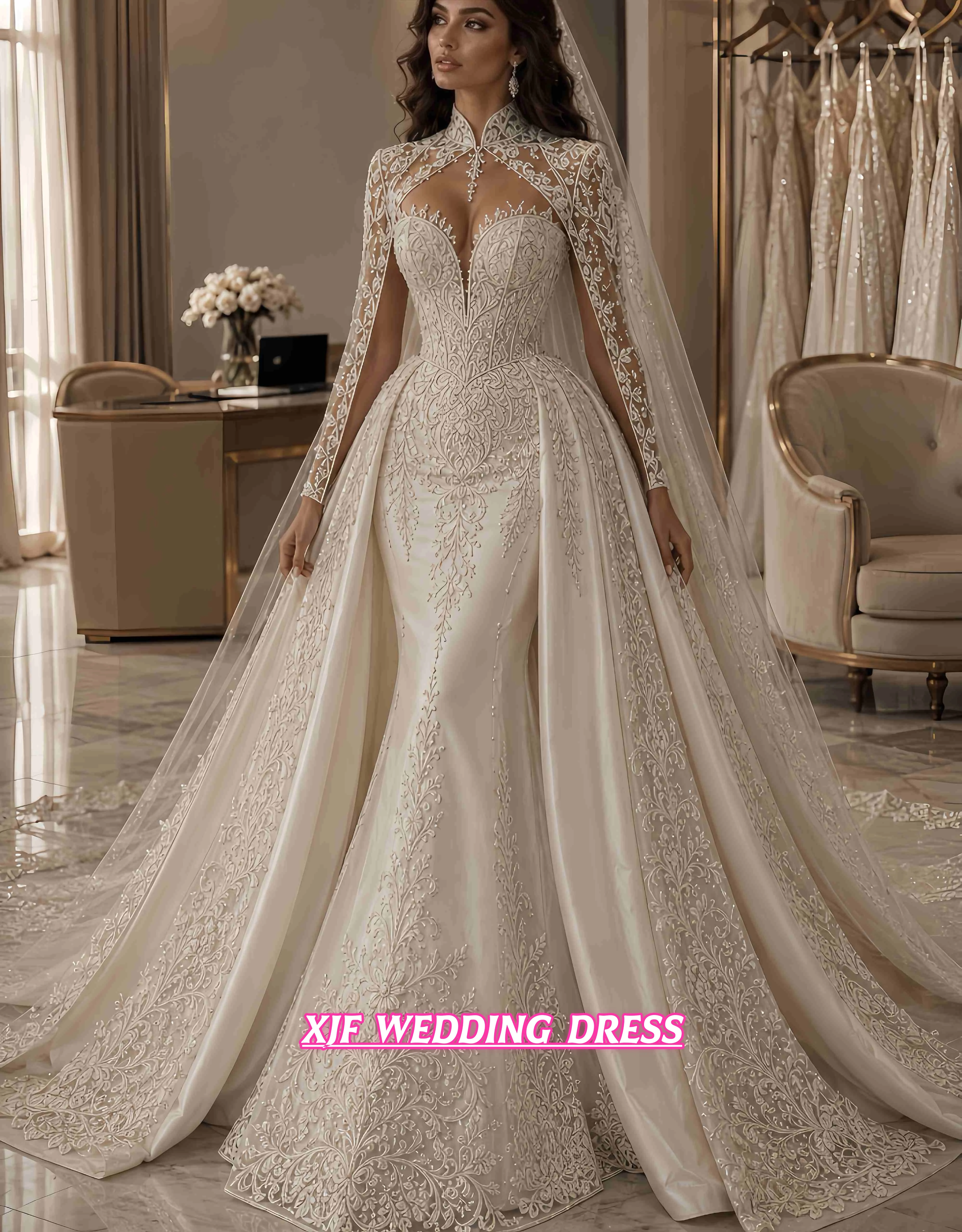 Customized Mermaid Wedding Dress V-Neck Shawl Sleeveless Detachable Train Two-In-One Vestidos De Novia