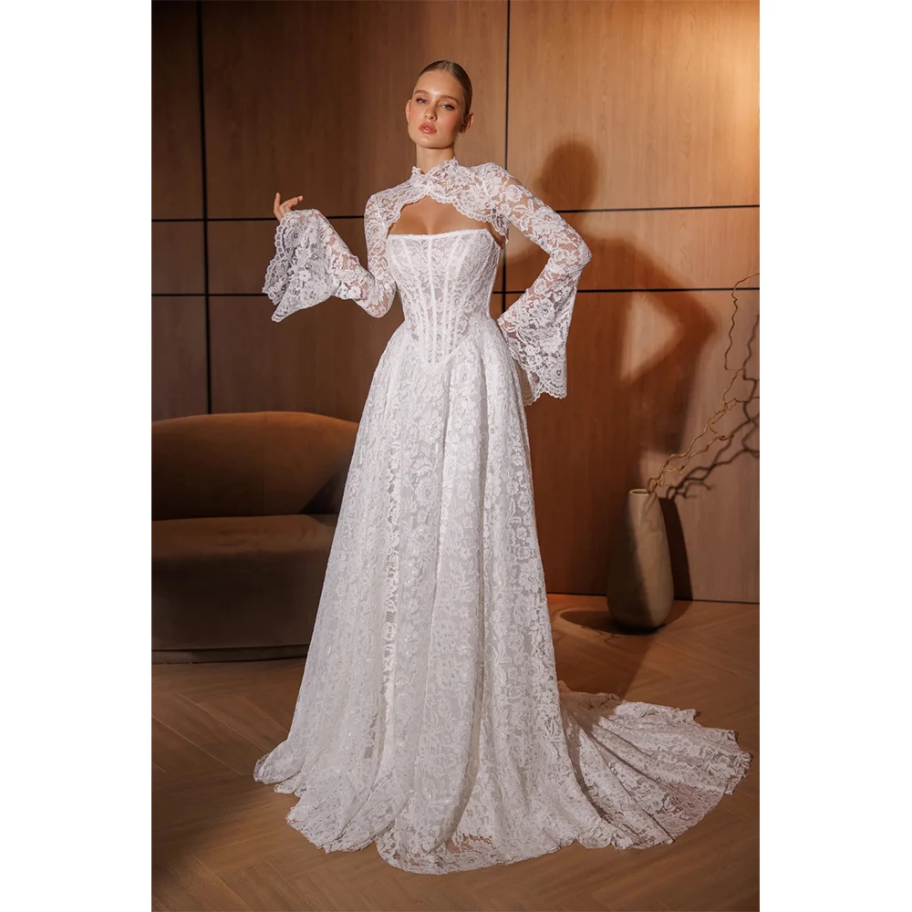 Luxury Mermaid Lace Wedding Dress Strapless Corset Bridal Gown Detachable Lace Cape Long Bell Sleeves Vestidos De Novia Customiz