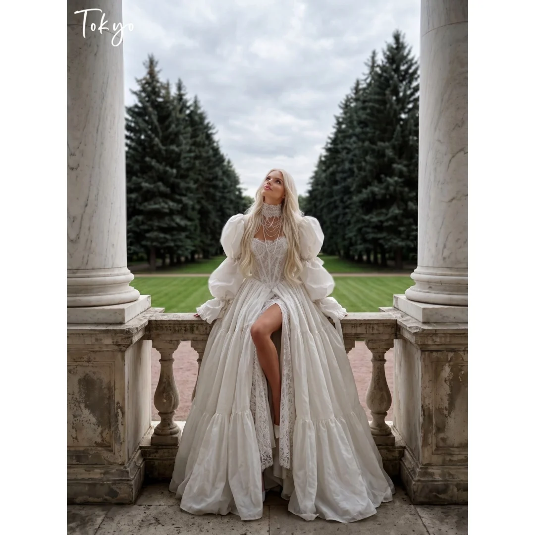 Tokyo Customized Tiered Ruffle Floor-Length Prom Dress Lace Applique vestidos de noche Puff Sleeve High Neck Evening Dresses