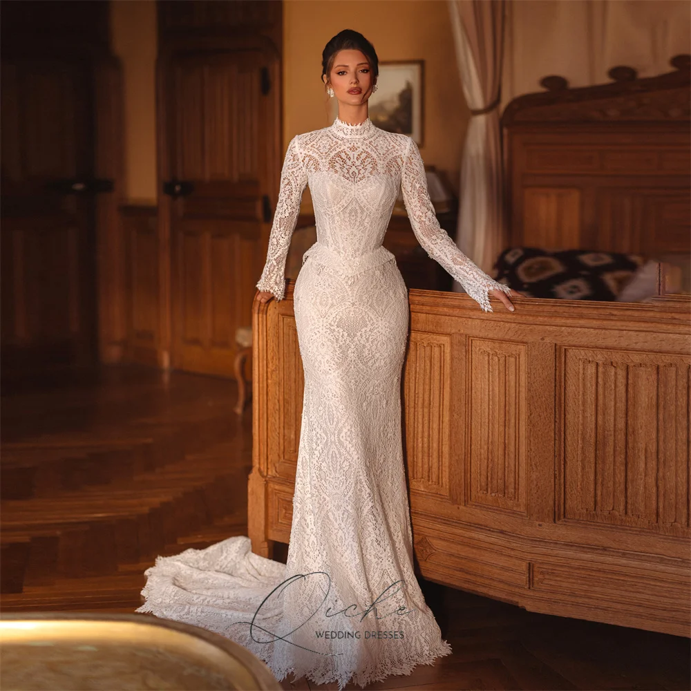 QICHE Boho Lace Long Sleeveless Mermaid Wedding Dresses Women 2026 High Collar Open Back Sweep Train Robe De Mariée Customized