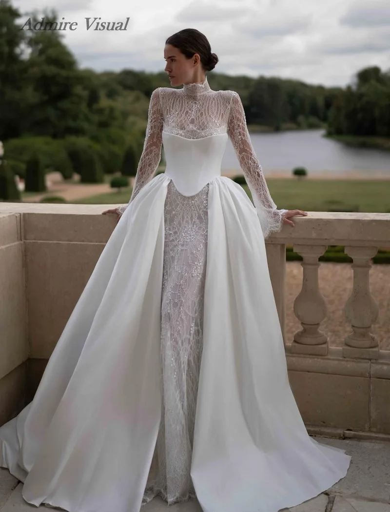 Admire Visual Wedding Dress Mermaid Lace 3 in 1 High Neck With Detachable Train Customized Bride Gowns