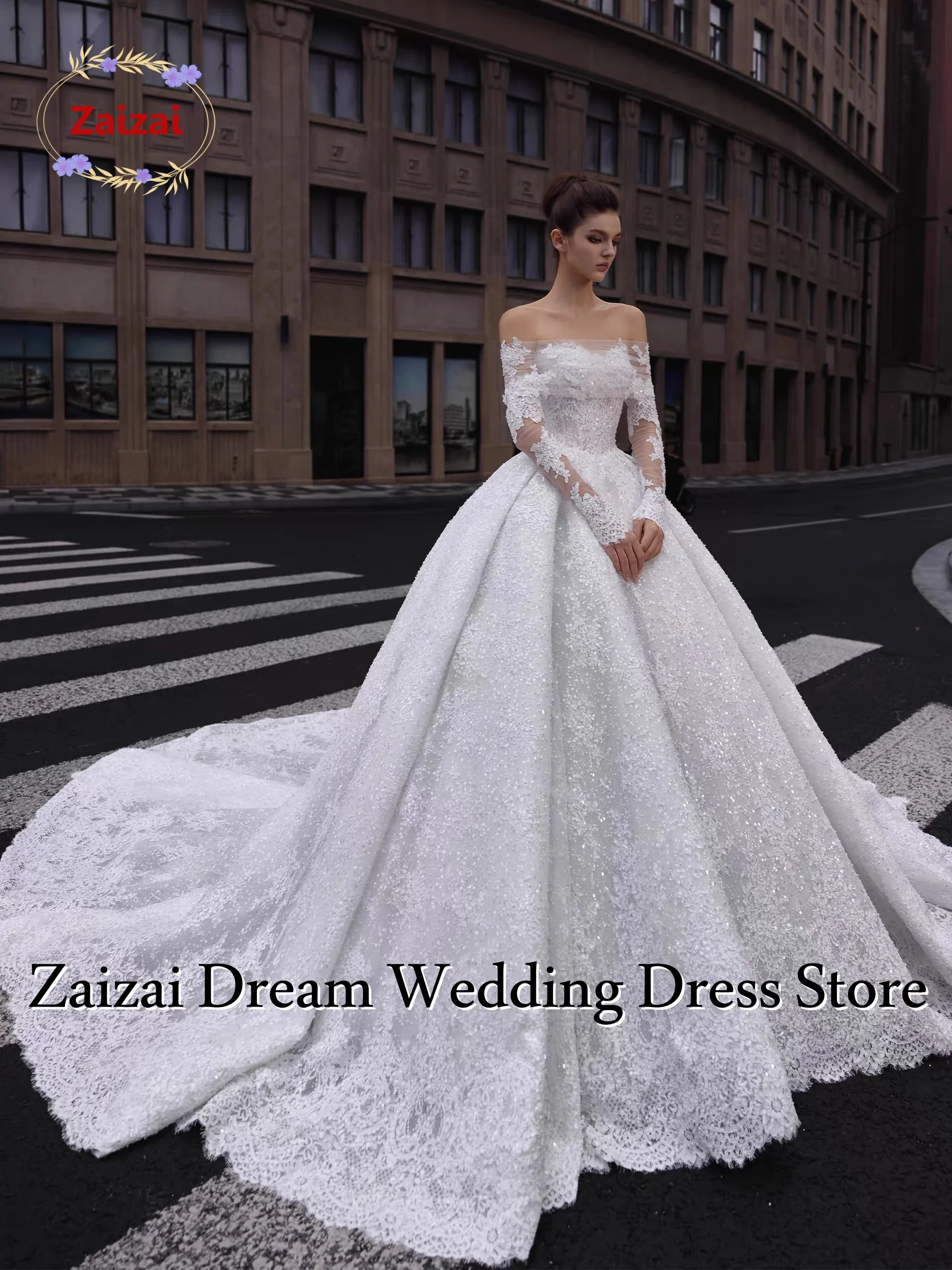 Customized Luxury Sequins Lace Applique Ball Gown Wedding Dress Off Shoulder Appliques Long Sleeve Bridal Gown Vestidos De Novia