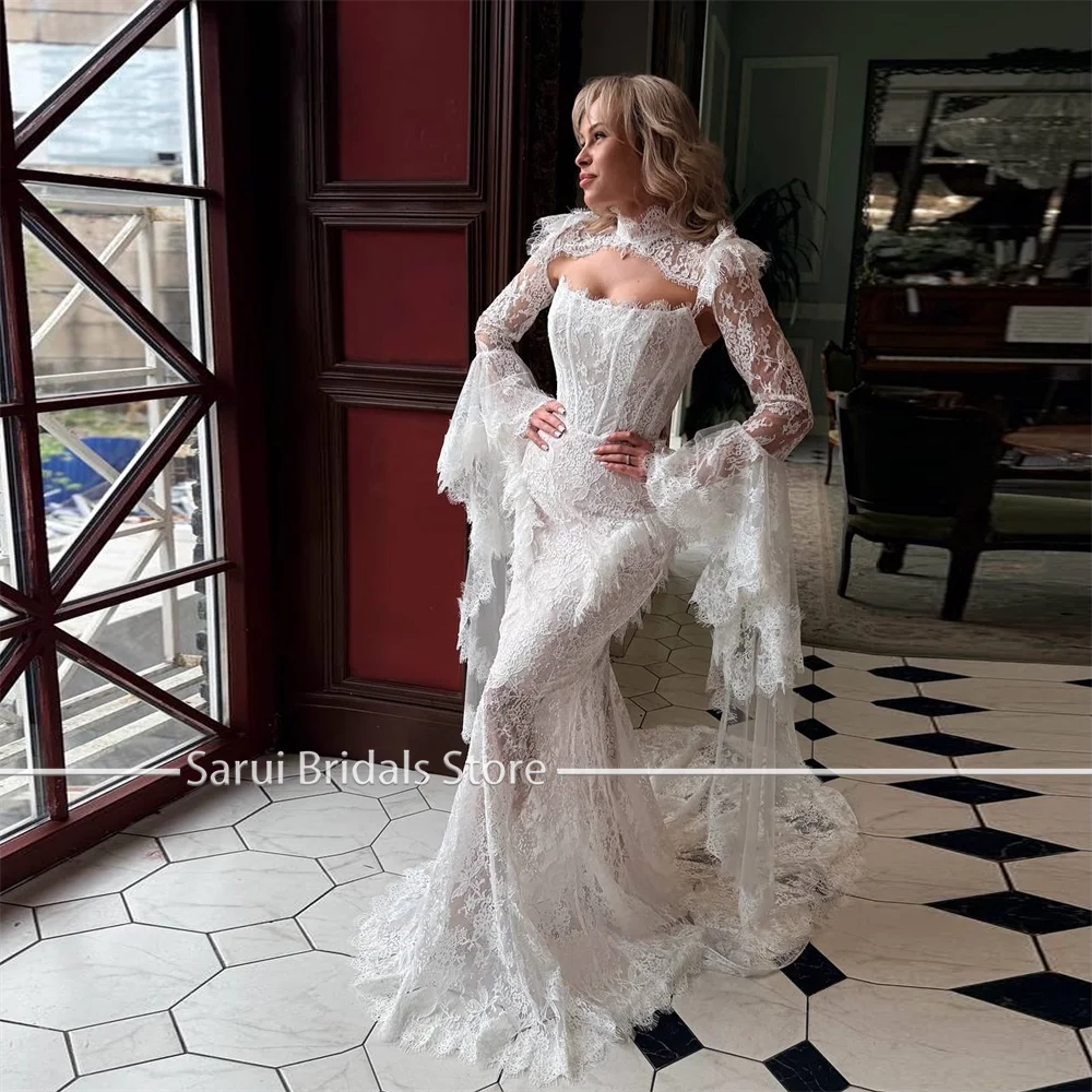 Glamorous Customized Mermaid Wedding Dress Full Lace Bridal Gown Removable Long Sleeve For Women Formal Wedding Occasion