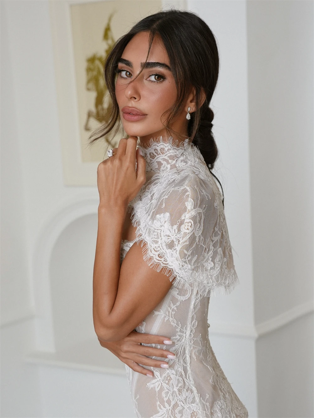 Kyoto Customized White Floral Lace Corset Wedding Dress Detachable High‑Neck Cape Vestidos De Noche Floor-Length Robe De Mariée