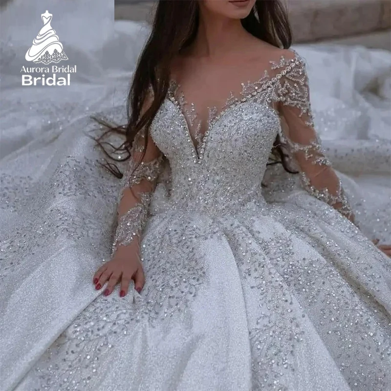 Aurora Customized Exquisite Luxury V Neck llusion Full Sleeves Wedding Dress Train Off Shoulder Beaded Appliqued Bridal Gown