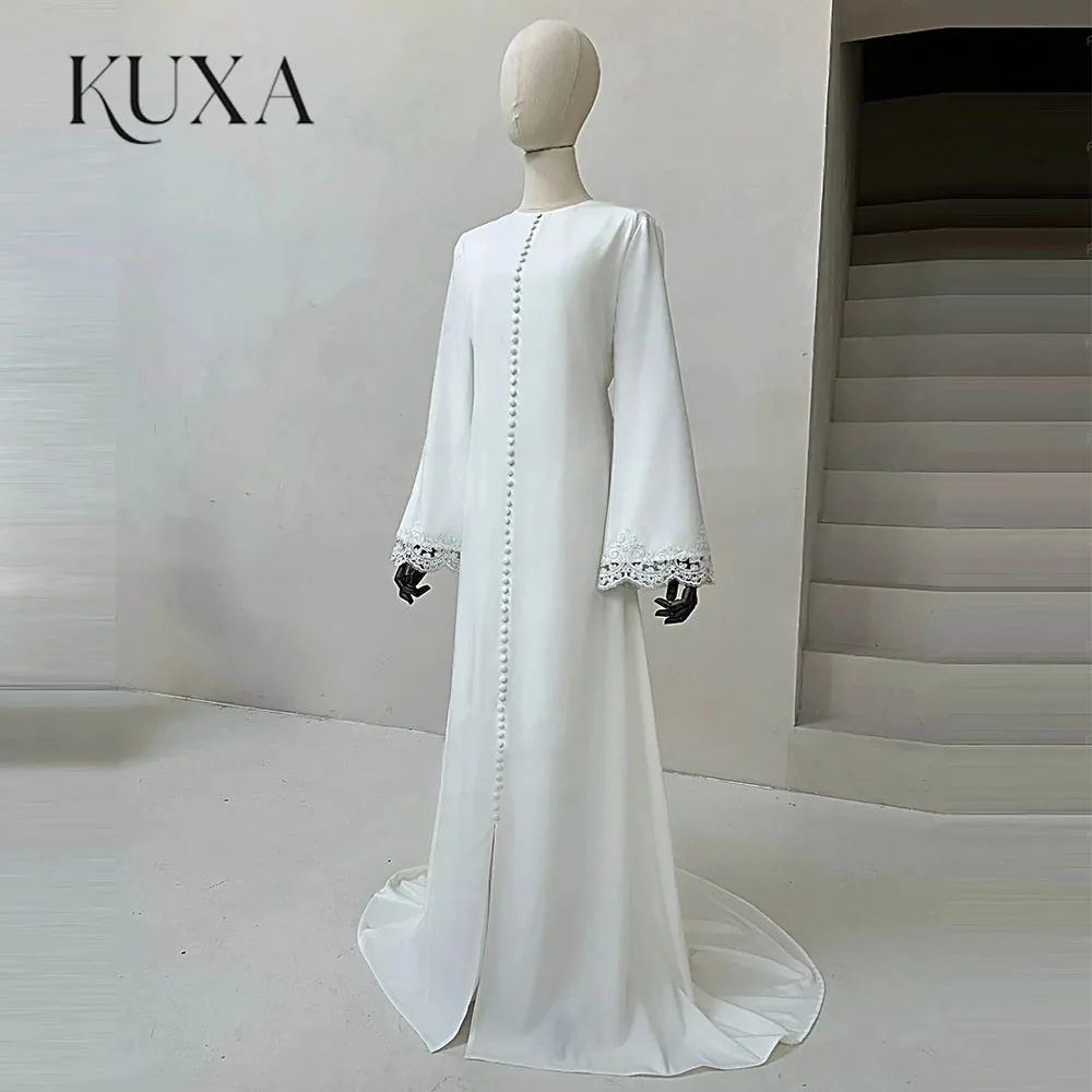 KUXA Elegant Muslim Wedding Dresses A-Line Formal Lace Long Sleeves Floor-Length Bridal Gowns Button Sweep Train Customized