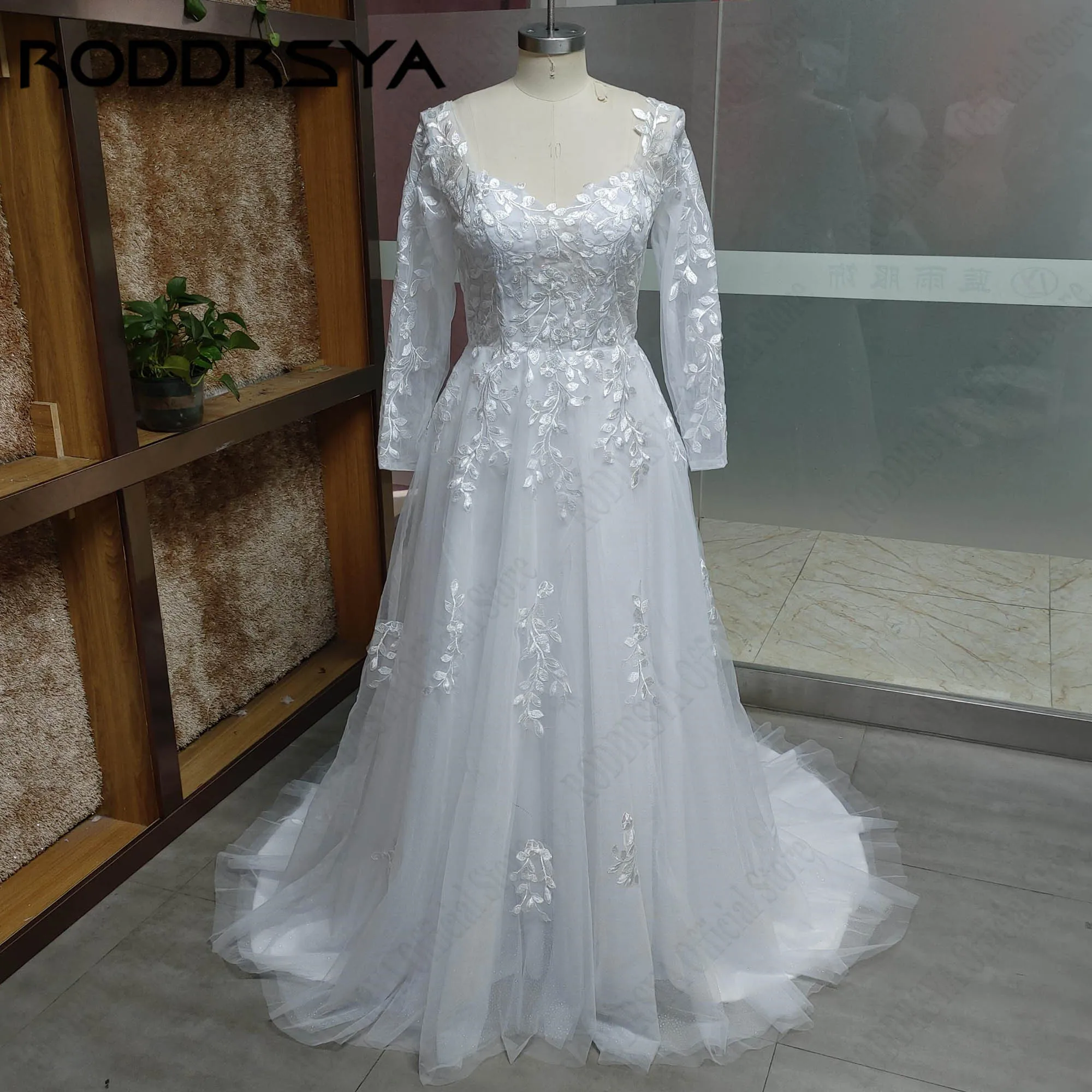 RODDRSYA A-Line Tulle Bridal Dresses Detachable Long Sleeve V-Back Appliques Wedding Gowns Sweetheart robe de mariée Customized