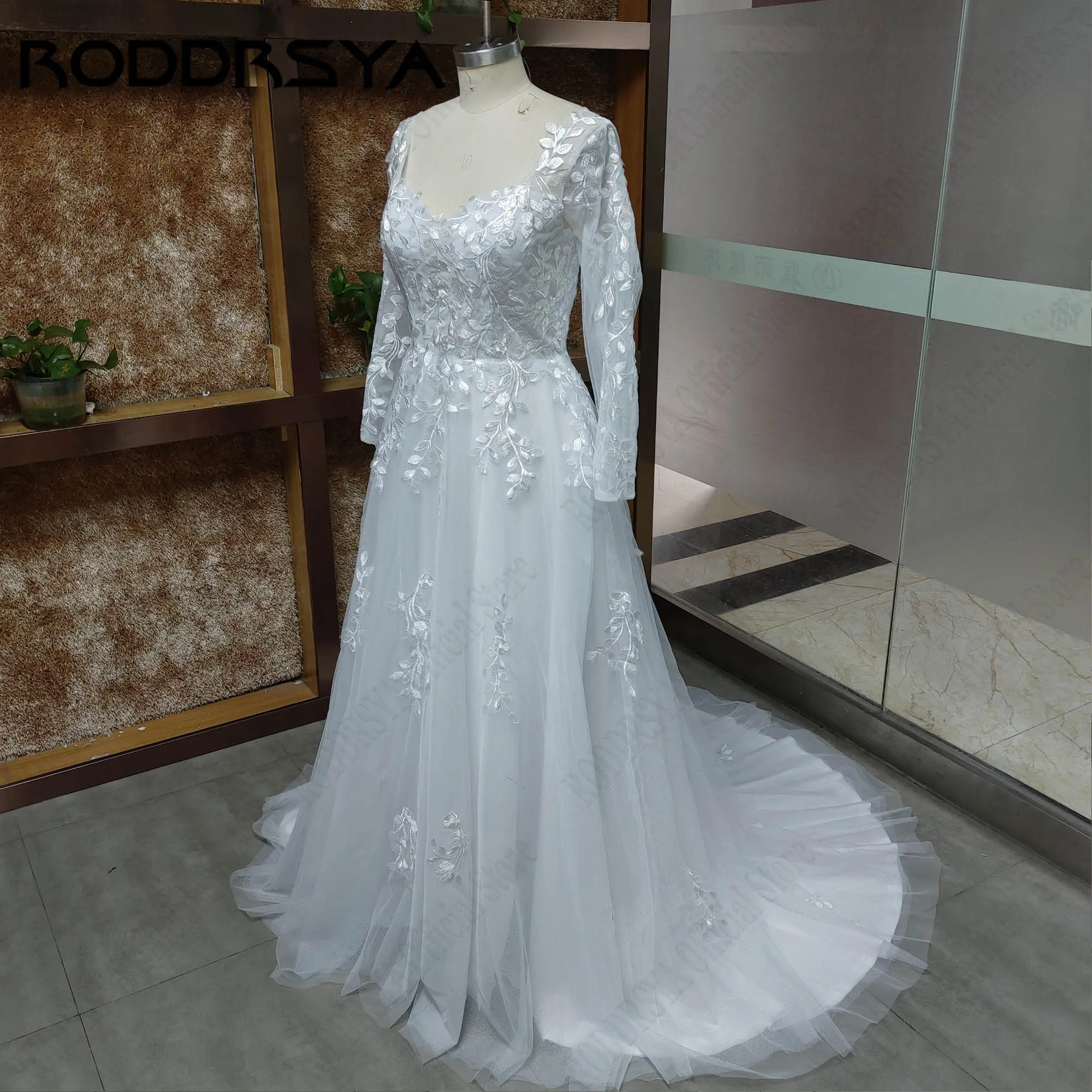 RODDRSYA A-Line Tulle Bridal Dresses Detachable Long Sleeve V-Back Appliques Wedding Gowns Sweetheart robe de mariée Customized