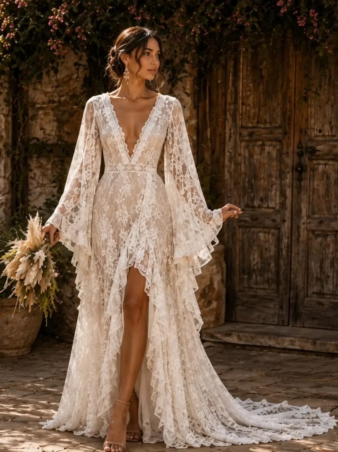 Customized Bohemian Lace Wedding Dresses Long Sleeves Side Slit Bridal Gown V Neck robe de mariée Backless vestido de novia