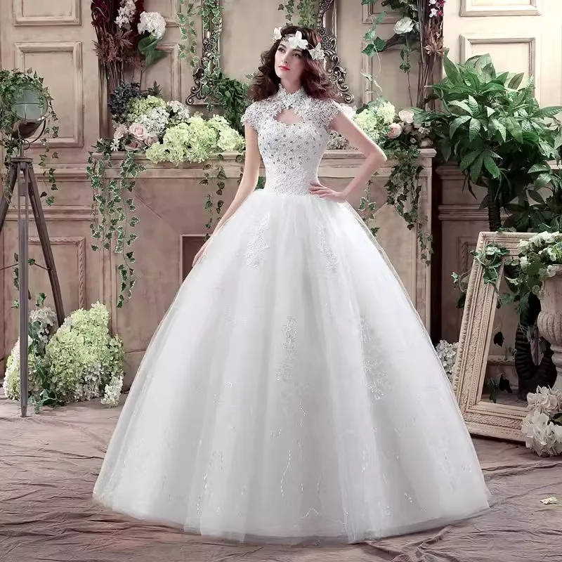 It's Yiiya Wedding Dress Lace White High Collar Short Sleeve Brling Simple Princess Floor-length Plus size Bride Ball Gown XN075
