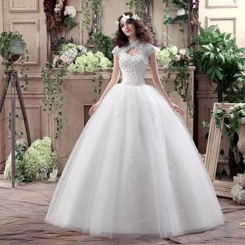 It's Yiiya Wedding Dress Lace White High Collar Short Sleeve Brling Simple Princess Floor-length Plus size Bride Ball Gown XN075