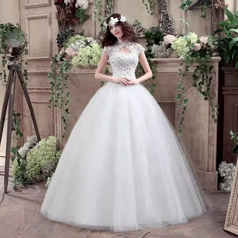 It's Yiiya Wedding Dress Lace White High Collar Short Sleeve Brling Simple Princess Floor-length Plus size Bride Ball Gown XN075