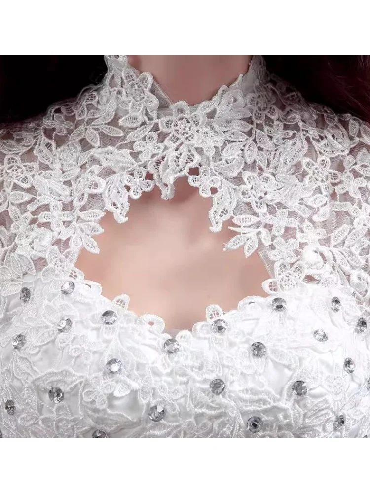 It's Yiiya Wedding Dress Lace White High Collar Short Sleeve Brling Simple Princess Floor-length Plus size Bride Ball Gown XN075