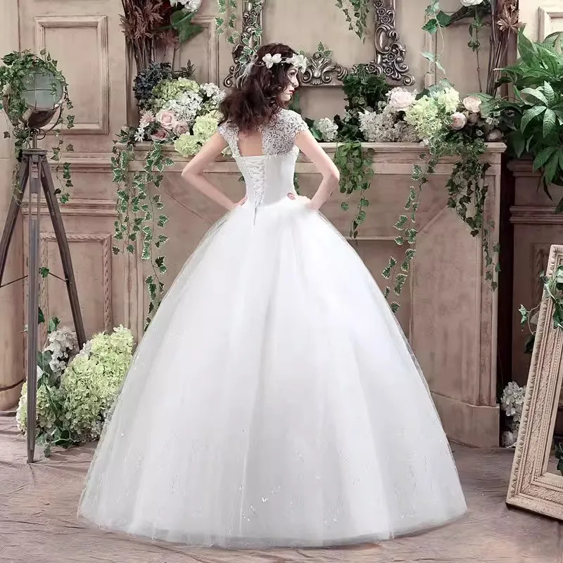 It's Yiiya Wedding Dress Lace White High Collar Short Sleeve Brling Simple Princess Floor-length Plus size Bride Ball Gown XN075