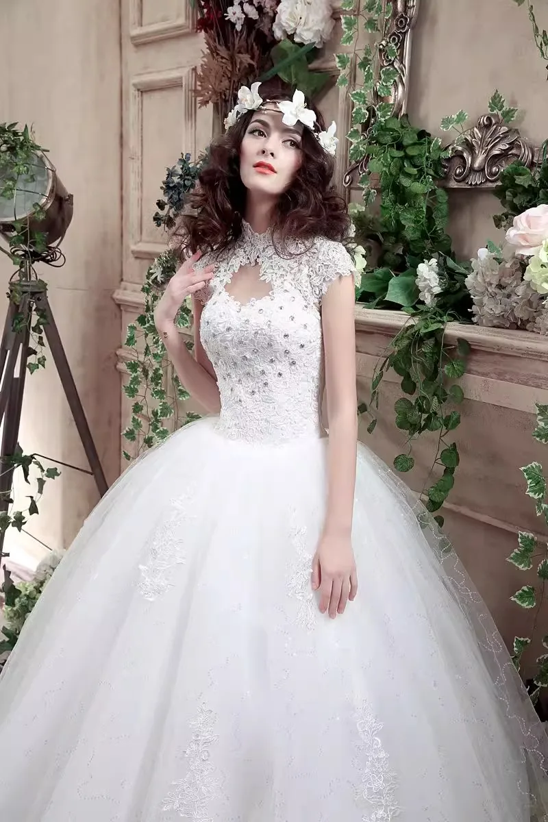 It's Yiiya Wedding Dress Lace White High Collar Short Sleeve Brling Simple Princess Floor-length Plus size Bride Ball Gown XN075