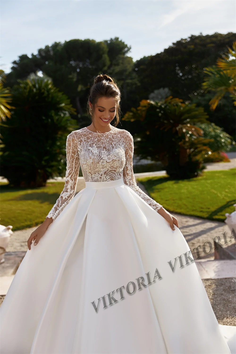 VIKTORIA Fancy Satin Wedding Dresses For Woman Bridal Long Sleeves A-LINE Lace Appliques Pleat Vestidos Novias Boda Customized