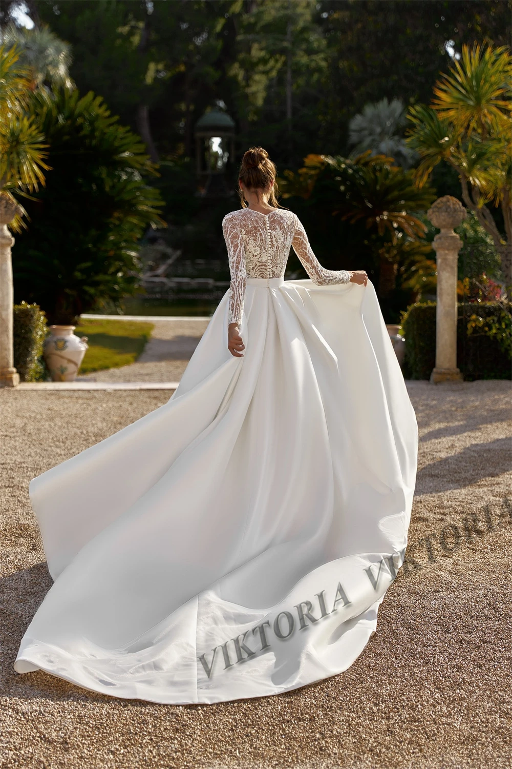 VIKTORIA Fancy Satin Wedding Dresses For Woman Bridal Long Sleeves A-LINE Lace Appliques Pleat Vestidos Novias Boda Customized