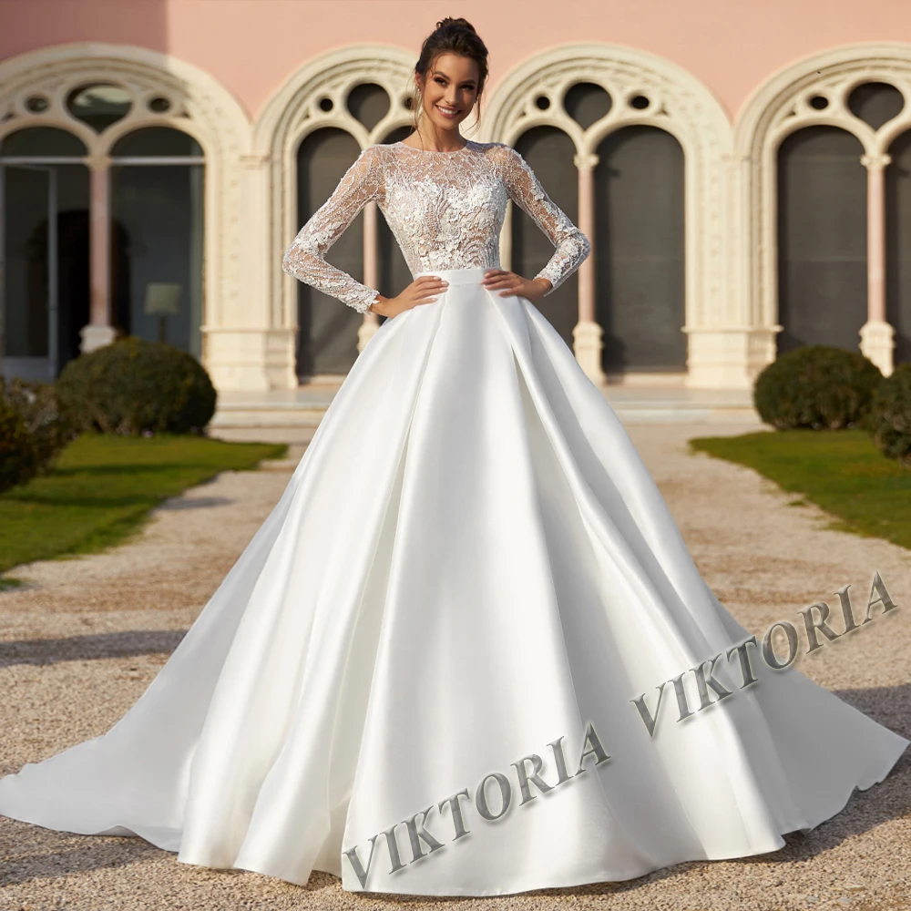 VIKTORIA Fancy Satin Wedding Dresses For Woman Bridal Long Sleeves A-LINE Lace Appliques Pleat Vestidos Novias Boda Customized