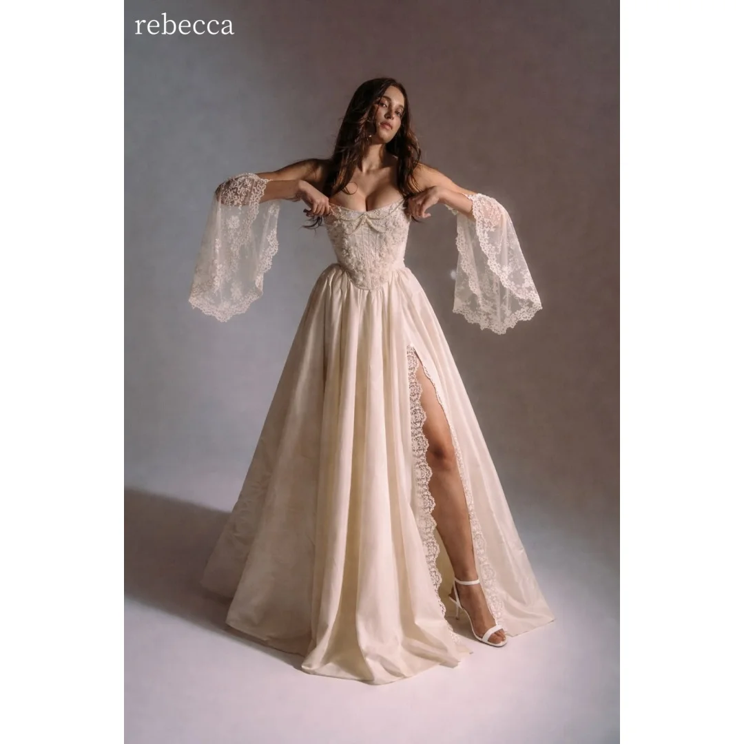 Rebecca Customized Sweetheart Neck Detachable Bell Sleeves Prom Dress A-Line High Side Split vestidos de noche Corset Formal