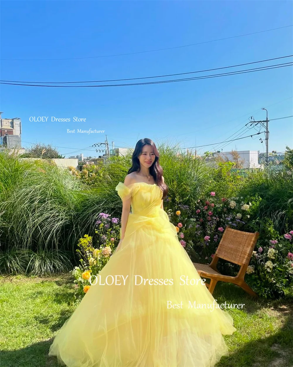 OLOEY Yellow Tulle Evening Dresses Korea Wedding Photo Shoot Customized Garden Off Shoulder Corset Back Prom Dress Floor Length