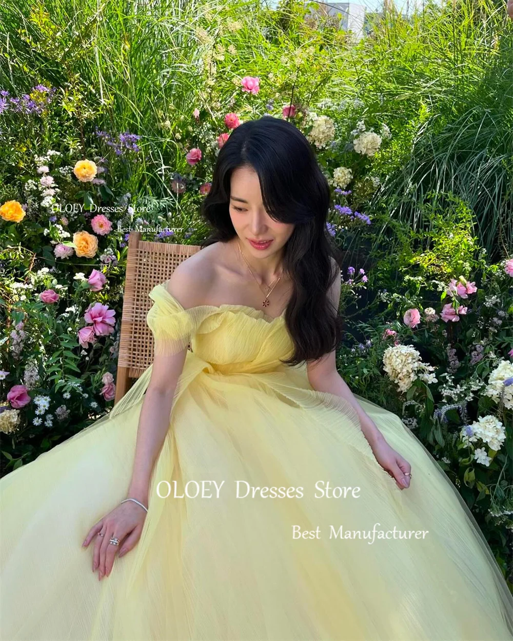 OLOEY Yellow Tulle Evening Dresses Korea Wedding Photo Shoot Customized Garden Off Shoulder Corset Back Prom Dress Floor Length