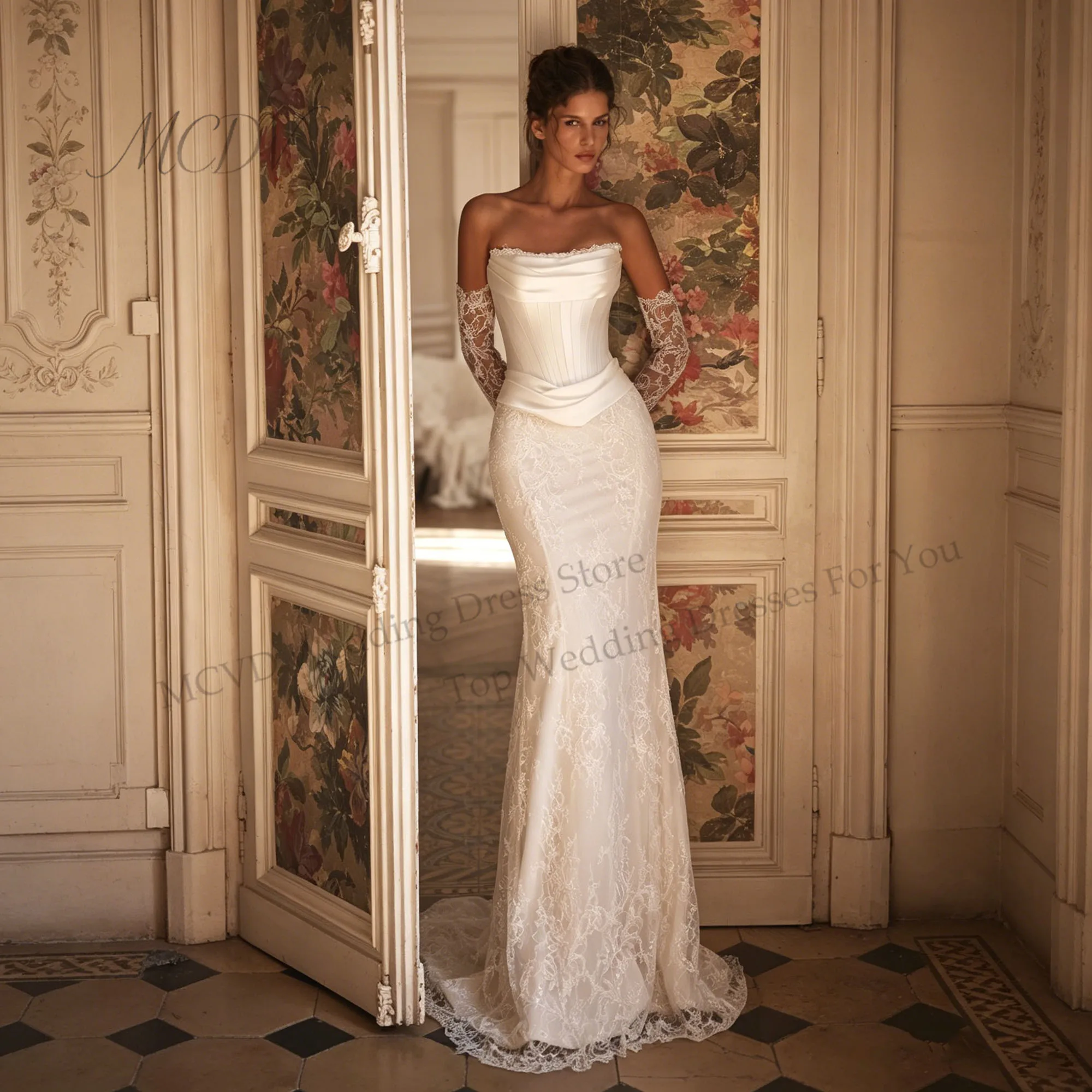 Elegant Satin Lace Mermaid Wedding Dresses 2026 New Detachable Overskirt with Bow Full Sleeve Corset Back Bridal Gown Customized