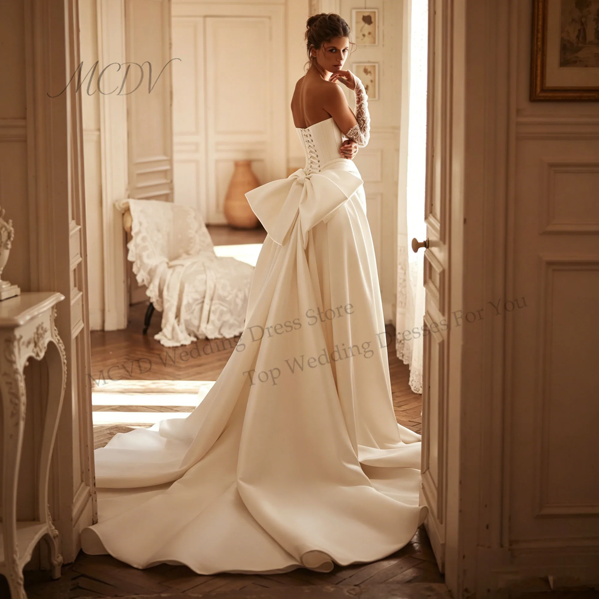 Elegant Satin Lace Mermaid Wedding Dresses 2026 New Detachable Overskirt with Bow Full Sleeve Corset Back Bridal Gown Customized