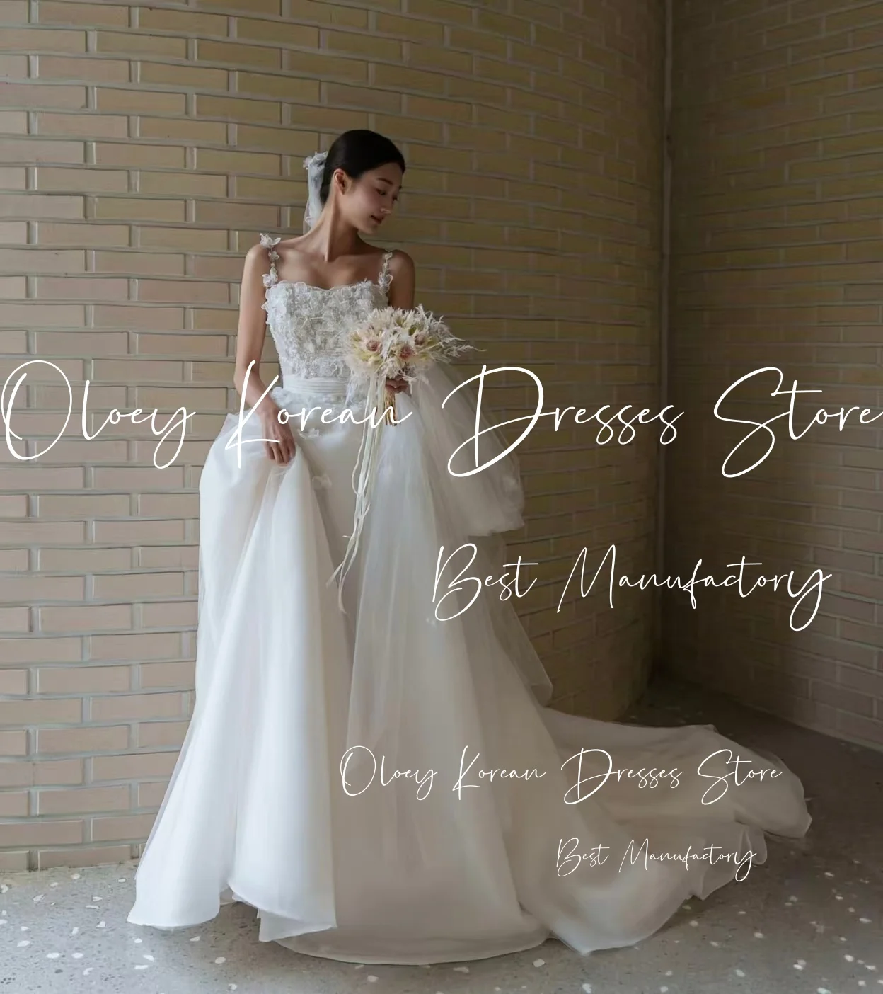 OLOEY Luxury Flowers Wedding Dress Spaghetti Straps Sweep Train Organza Korea Photo Shoot Bridal Reception Gown Custom웨딩드레스