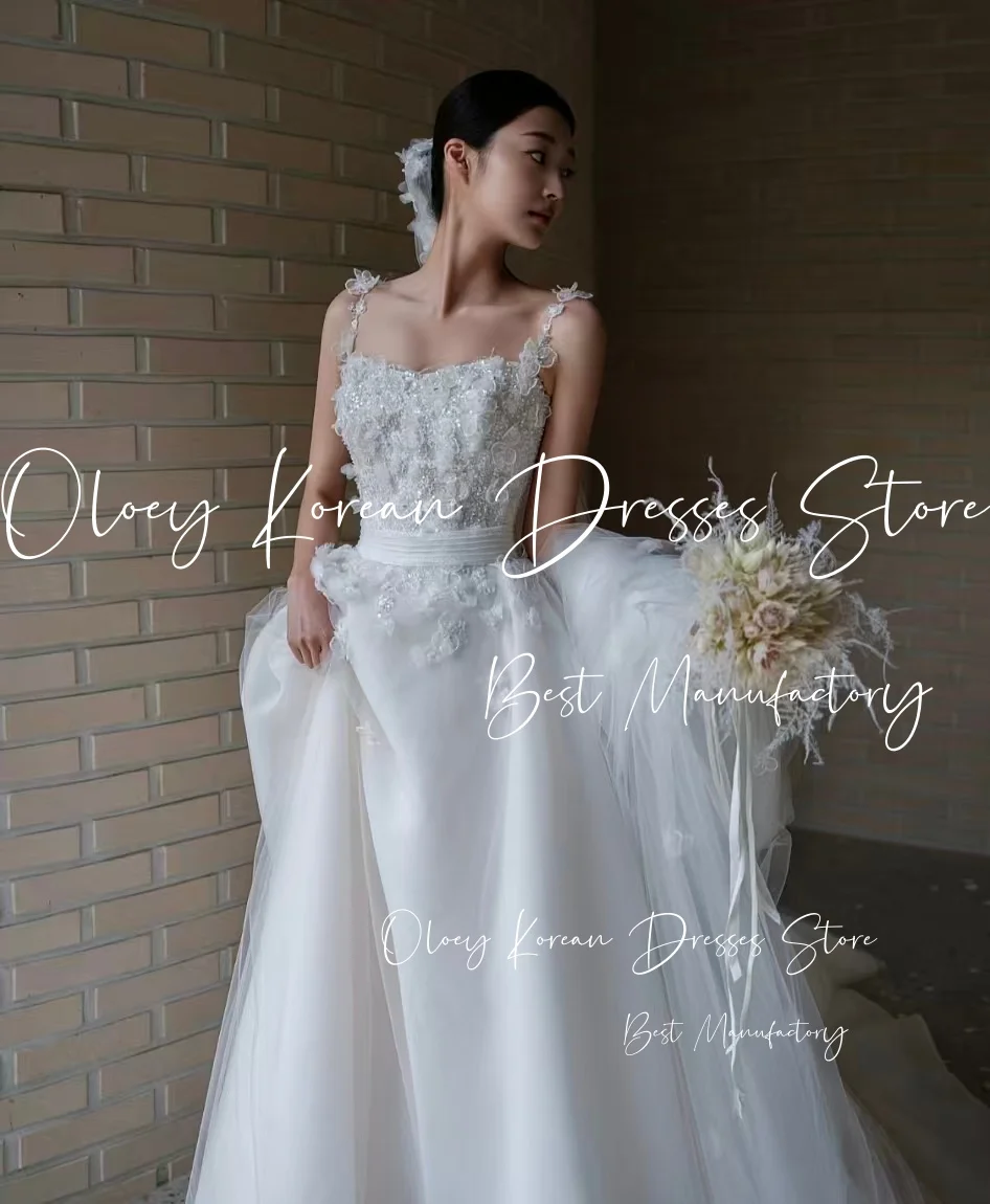 OLOEY Luxury Flowers Wedding Dress Spaghetti Straps Sweep Train Organza Korea Photo Shoot Bridal Reception Gown Custom웨딩드레스