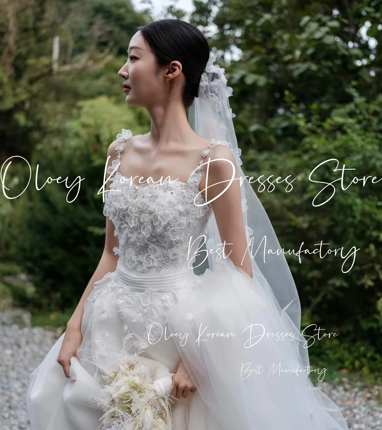 OLOEY Luxury Flowers Wedding Dress Spaghetti Straps Sweep Train Organza Korea Photo Shoot Bridal Reception Gown Custom웨딩드레스