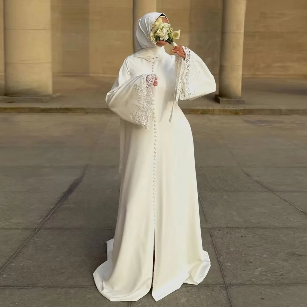 Simple Formal Wedding Dresses Mermaid Woman's Lace Long Sleeve Satin Bride Gowns Muslim Buttons Vestidos Customized Party Gala