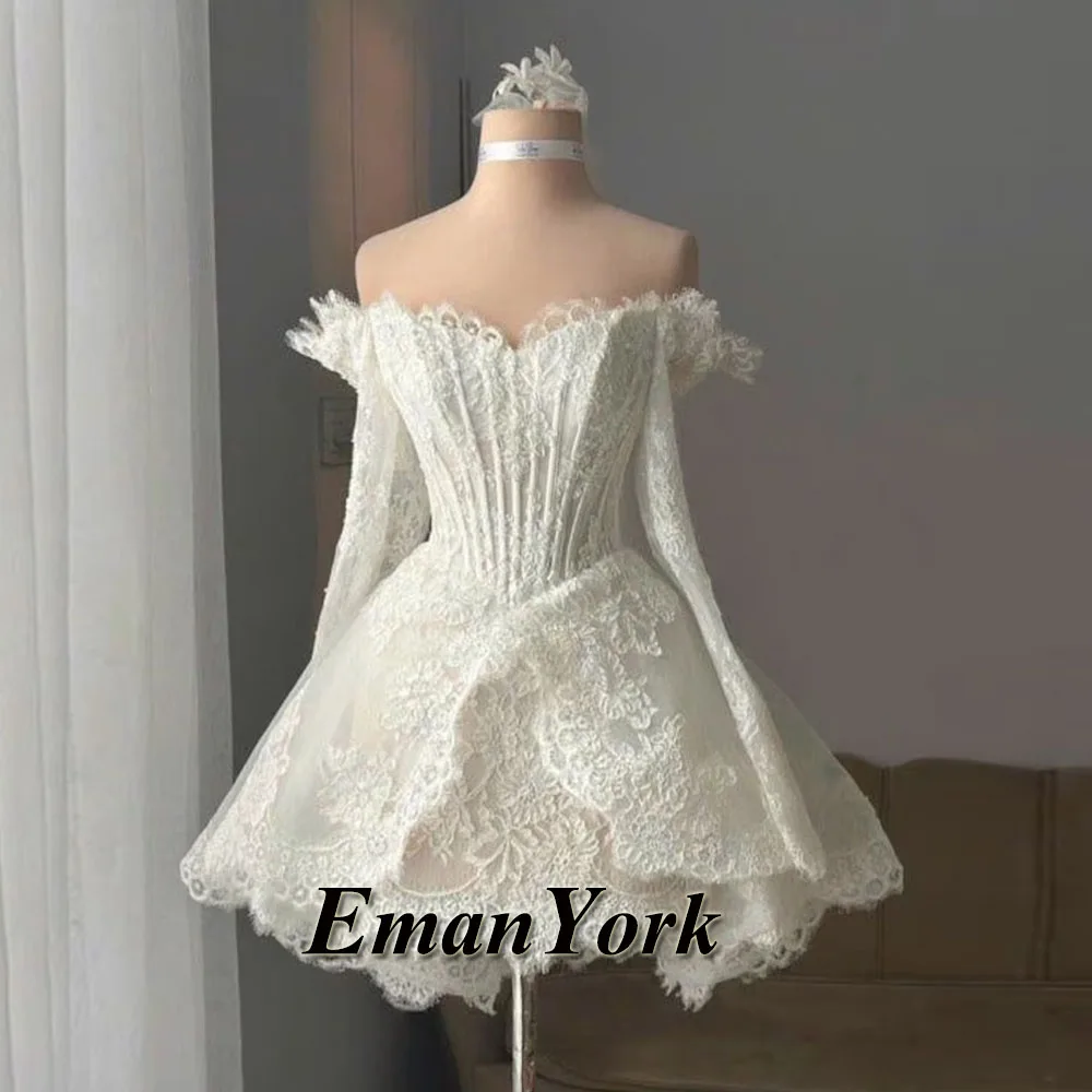EmanY Delicate Short Wedding Dresses for Women with Appliques Off the Shoulder A-line Lace up Vestidos Novias Boda Customized