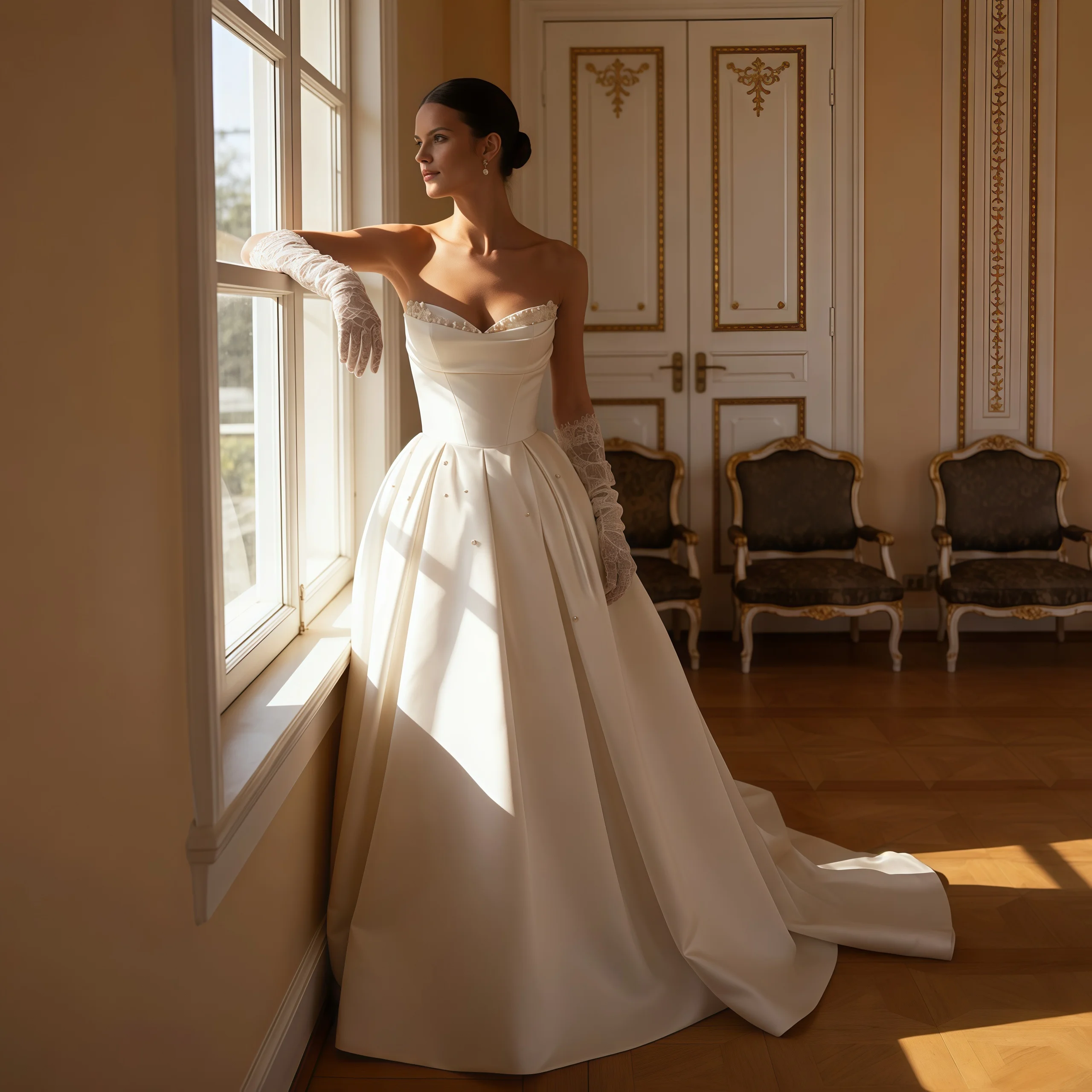 ZIBUYU Customized Luxury Satin Ball Gown Wedding Dress Sweetheart Pearl Beaded Ruched Bridal Gown