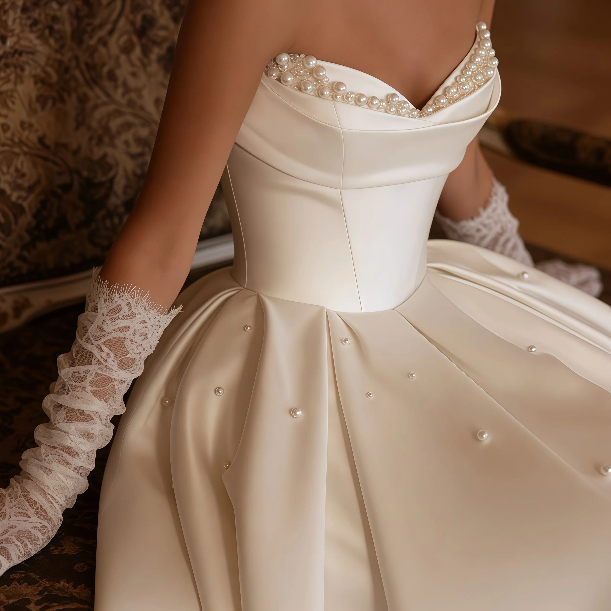 ZIBUYU Customized Luxury Satin Ball Gown Wedding Dress Sweetheart Pearl Beaded Ruched Bridal Gown