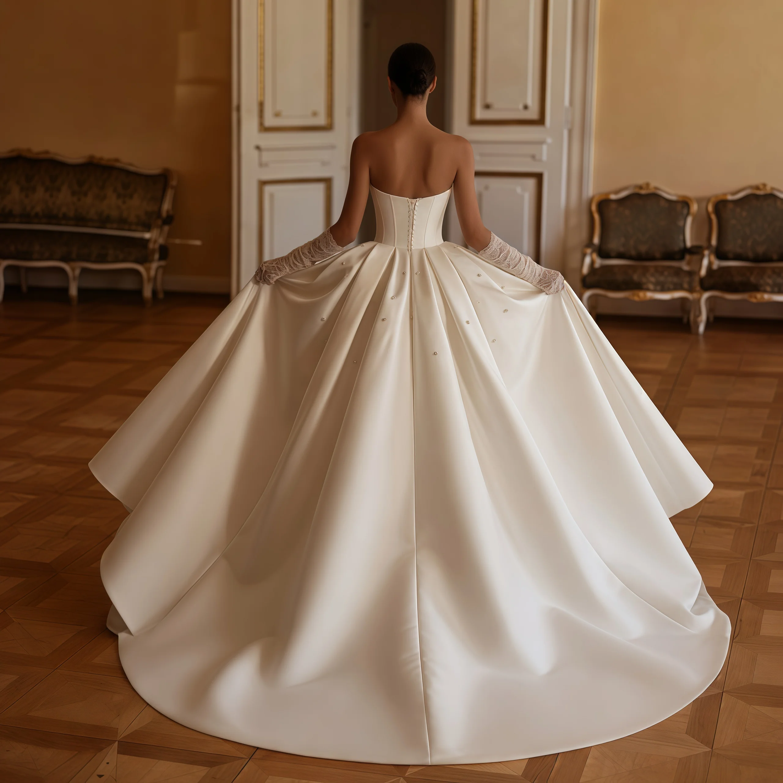 ZIBUYU Customized Luxury Satin Ball Gown Wedding Dress Sweetheart Pearl Beaded Ruched Bridal Gown