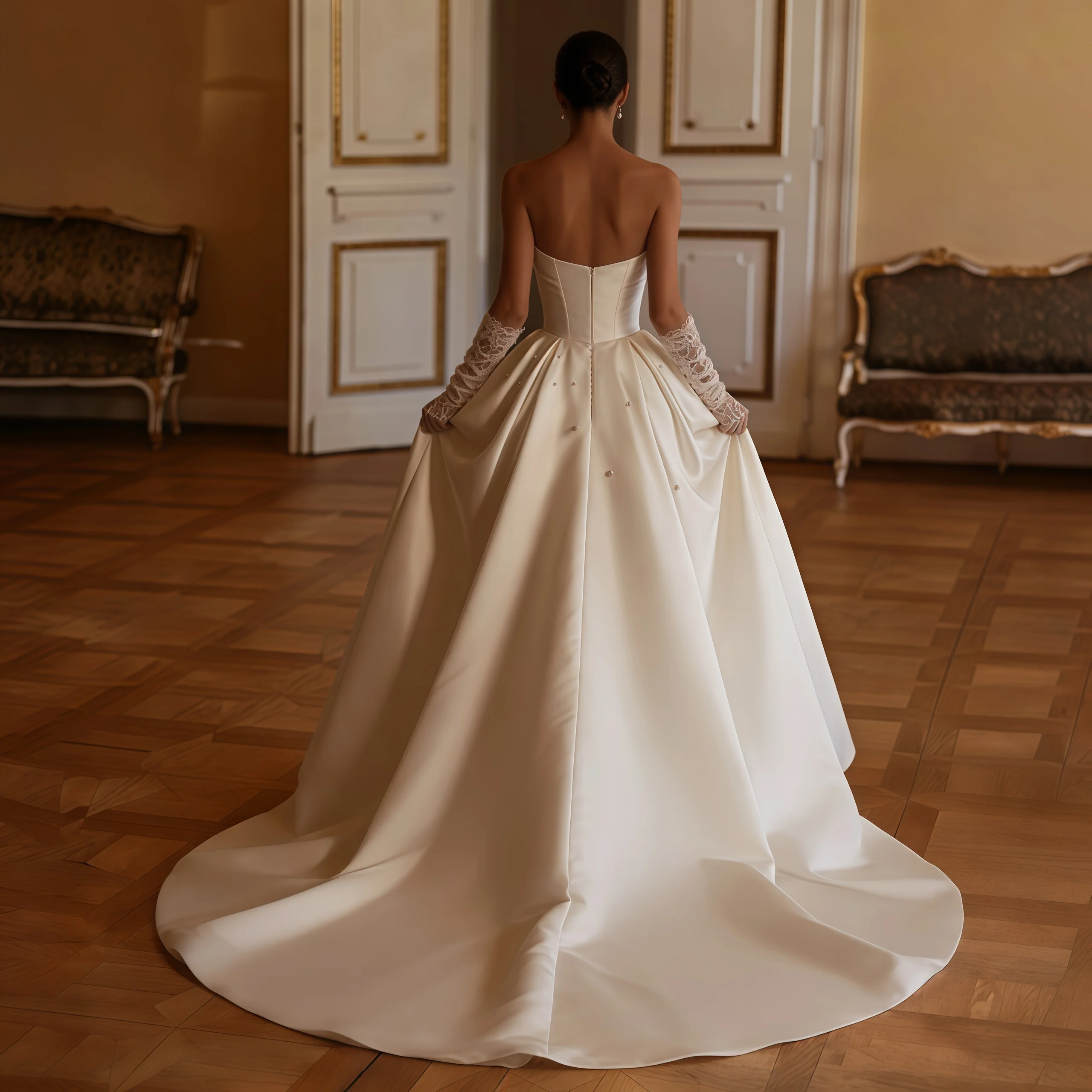 ZIBUYU Customized Luxury Satin Ball Gown Wedding Dress Sweetheart Pearl Beaded Ruched Bridal Gown