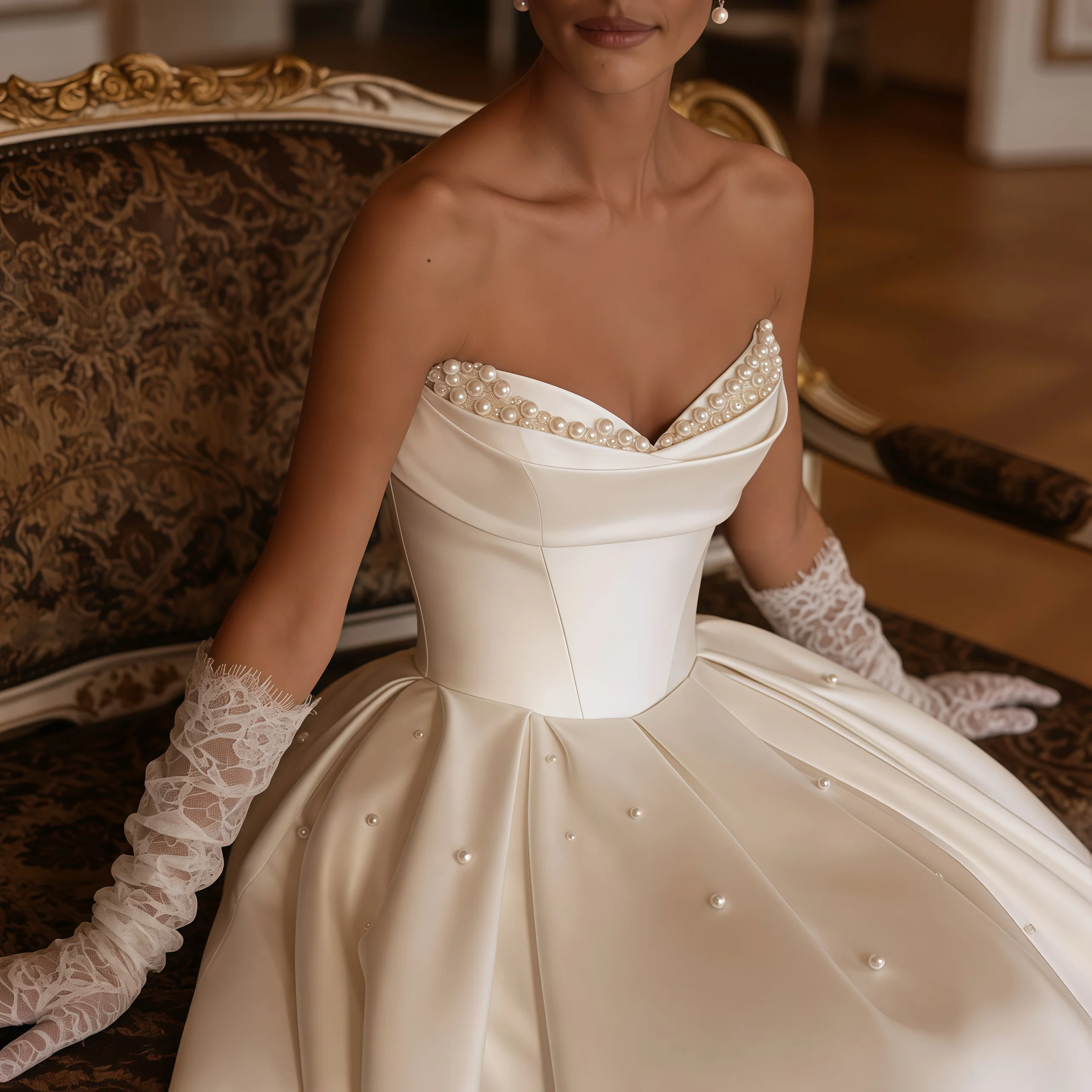 ZIBUYU Customized Luxury Satin Ball Gown Wedding Dress Sweetheart Pearl Beaded Ruched Bridal Gown