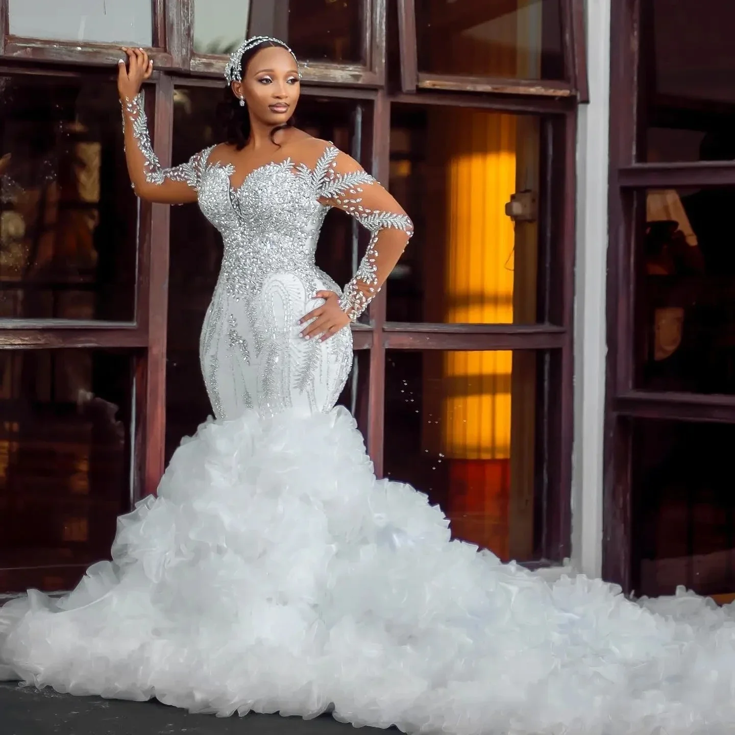 Ruffled African Wedding Dresses Black Girls Mermaid Long Sleeves Beaded Aso Ebi Women Bridal Gowns Vestido De Novia Customized